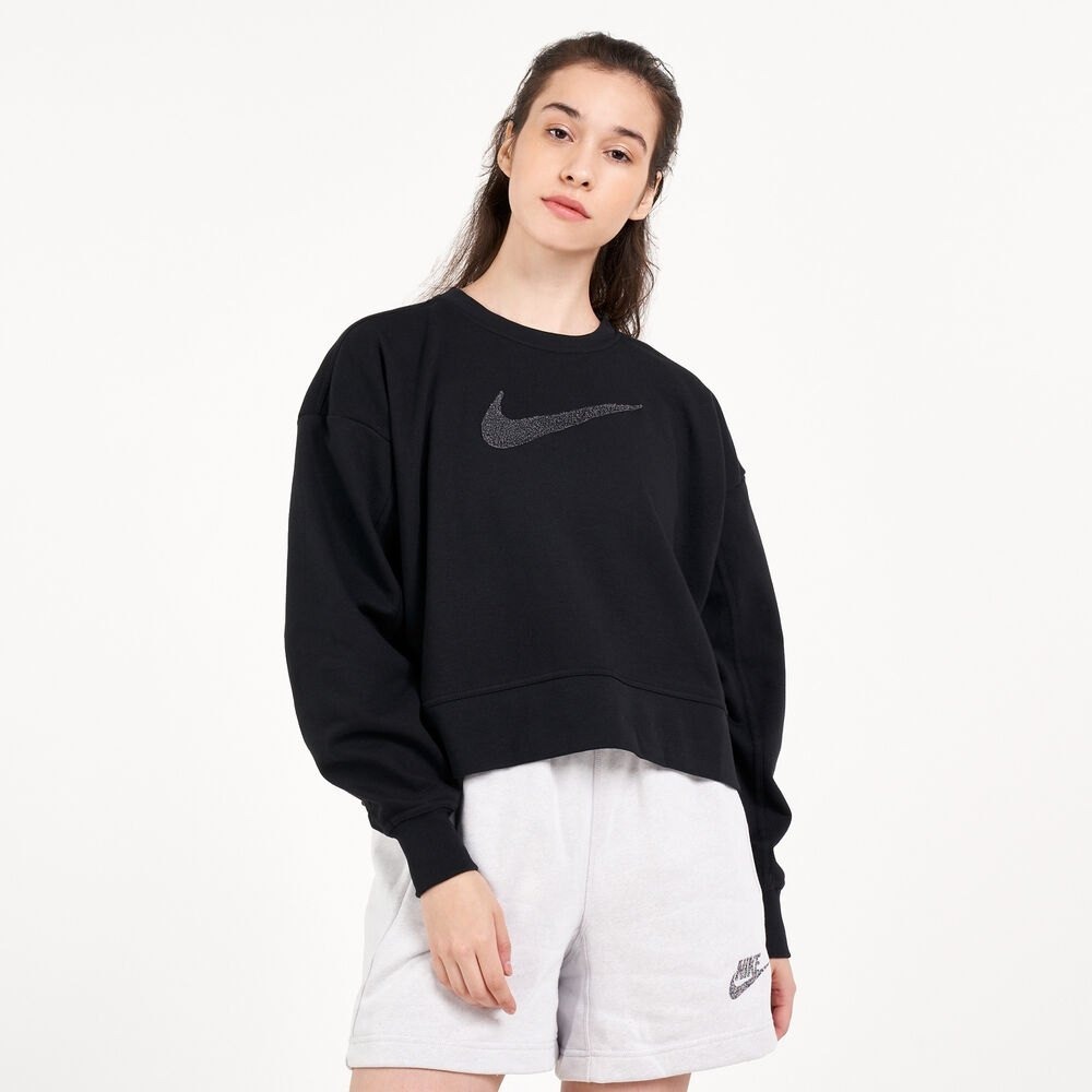 Nike Womens Oversized Cropped Crewneck Sweatshirt Black Embroidered Swoosh Large
